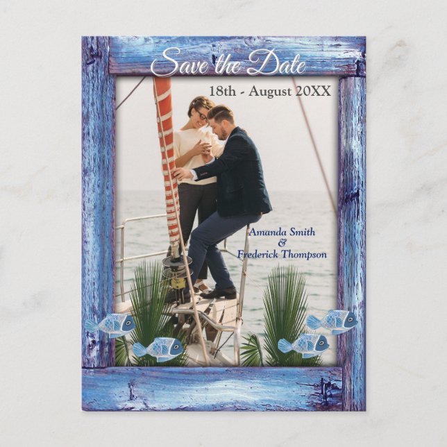 Navy - Blue Textured Wood & fish Save the Dates Announcement Postcard (Front)