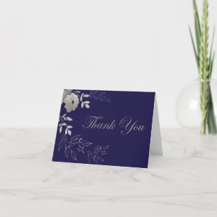 Navy Blue Thank You Card Silver Flowers 