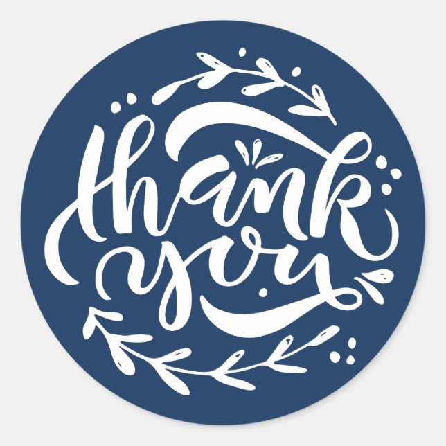 Navy Blue Thank You Modern Calligraphy Wreath Classic Round Sticker (Front)