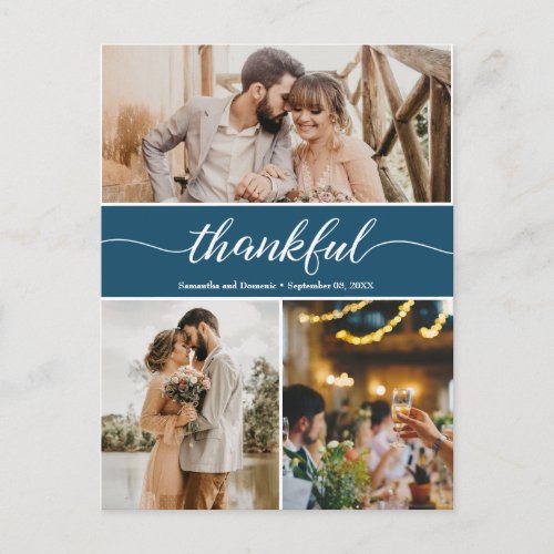 Navy Blue Thankful Wedding Photo Collage Postcard