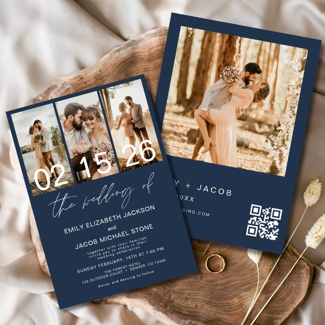 Navy Blue The Wedding of Photo QR code Elegant Invitation (Creator Uploaded)