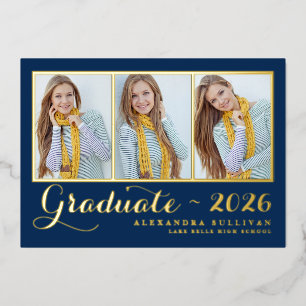 Navy Blue Three Photo Collage Graduation Foil Invitation