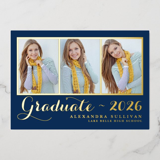Navy Blue Three Photo Collage Graduation Foil Invitation (Front)