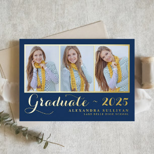 Navy Blue Three Photo Collage Graduation Foil Invitation