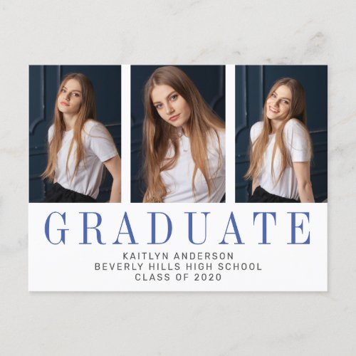 Navy Blue Three Photo Minimalist Graduation Announcement Postcard