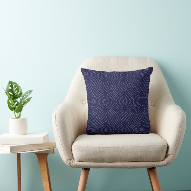 Navy Blue Throw Pillow, White Interlocking Lines Pillow (Chair)