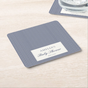 Navy Blue Ticking Stripe Preppy Baby Shower Square Paper Coaster