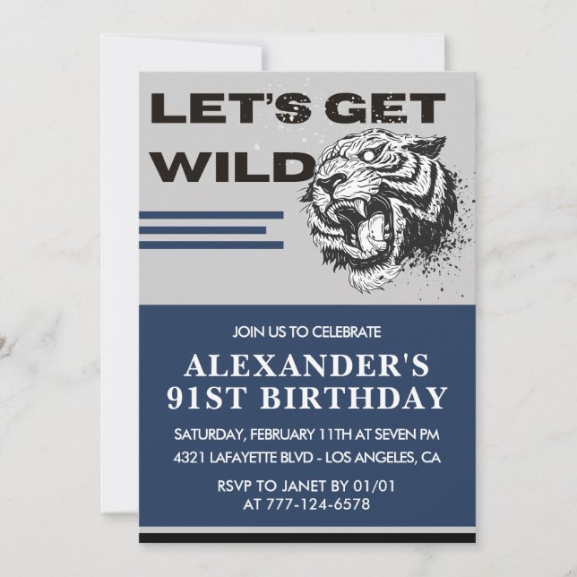 Navy Blue Tiger Men 91st birthday Invitation (Front)