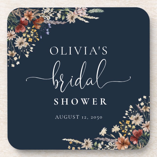 Navy Blue Tiny Wildflower Bridal Shower Beverage Coaster (Front)