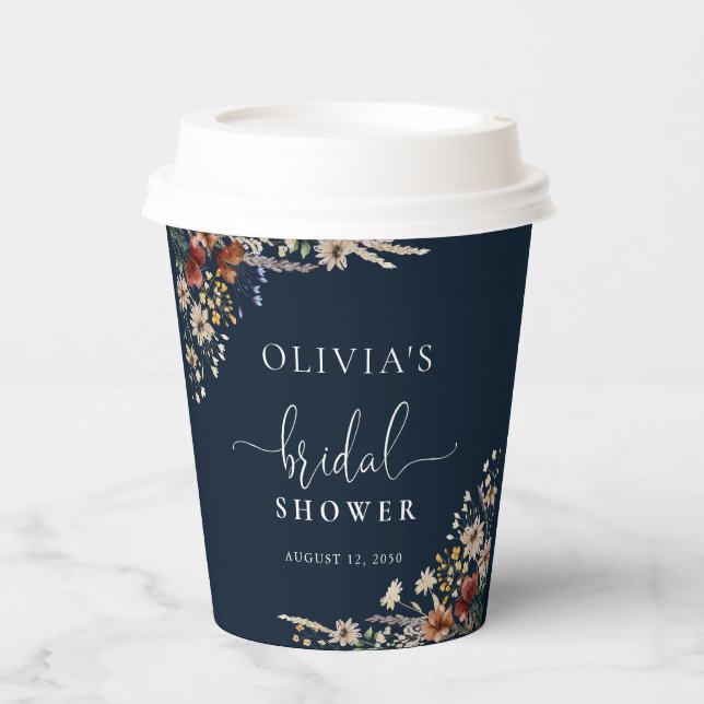 Navy Blue Tiny Wildflower Bridal Shower Paper Cups (Front)