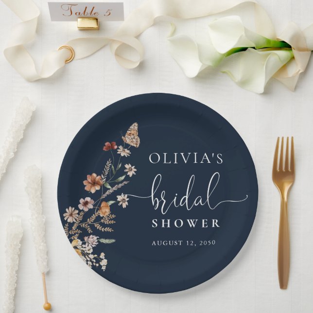 Navy Blue Tiny Wildflower Bridal Shower  Paper Plates (Wedding)