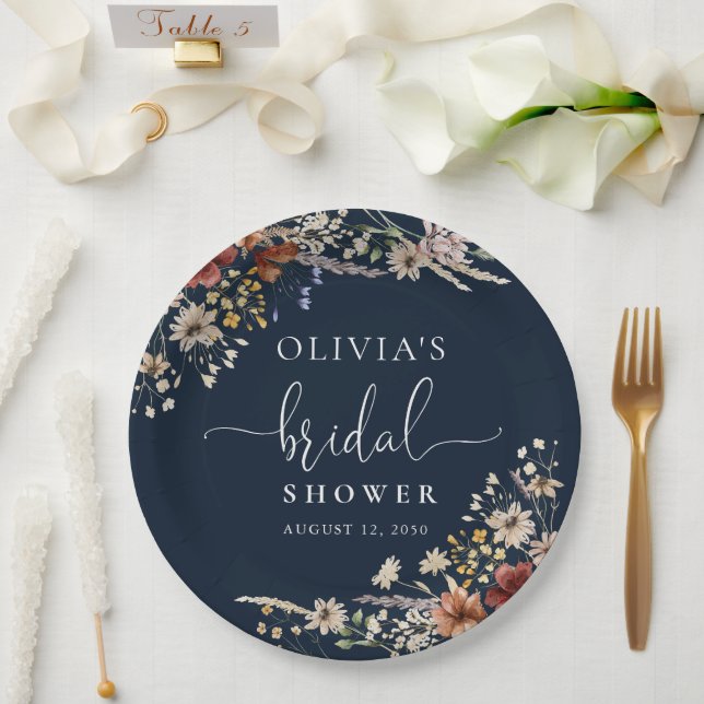 Navy Blue Tiny Wildflower Bridal Shower  Paper Plates (Wedding)