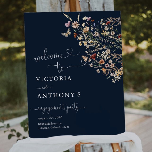 Navy Blue Tiny Wildflower Engagement Party Foam Board (Creator Uploaded)