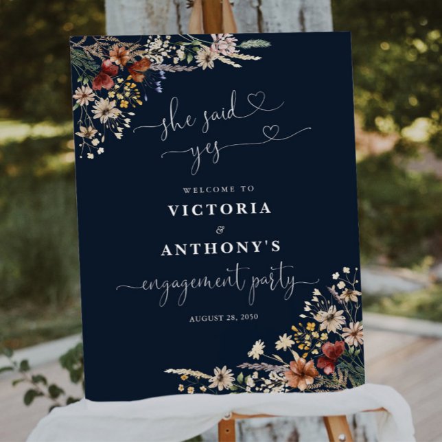 Navy Blue Tiny Wildflower Engagement Party Foam Board (Creator Uploaded)
