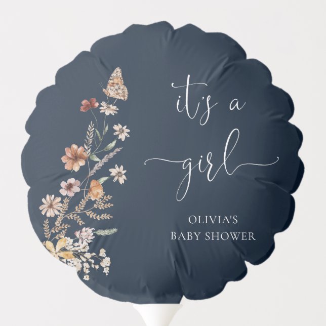 Navy Blue Tiny Wildflower It's A Girl  Balloon (Back)