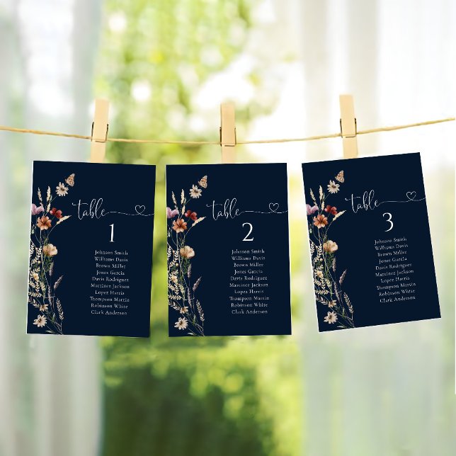 Navy Blue Tiny Wildflower Table Seating Chart Card (Creator Uploaded)
