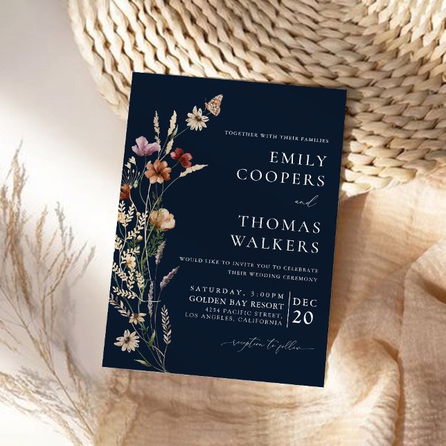 Navy Blue Tiny Wildflower Wedding Ceremony Invitation (Creator Uploaded)