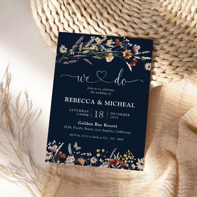 Navy Blue Tiny Wildflower Wedding Ceremony Invitation (Creator Uploaded)