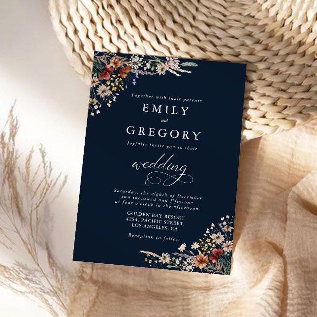 Navy Blue Tiny Wildflower Wedding Ceremony Invitation (Creator Uploaded)