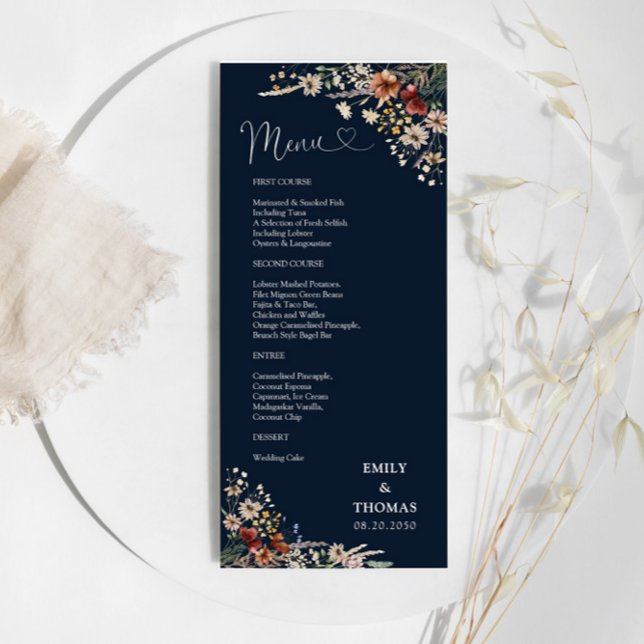 Navy Blue Tiny Wildflower Wedding Menu (Creator Uploaded)