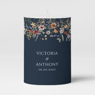 Navy Blue Tiny Wildflower Wedding Pillar Candle