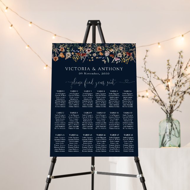 Navy Blue Tiny Wildflower Wedding Seating Chart Foam Board (In Situ (Stand))
