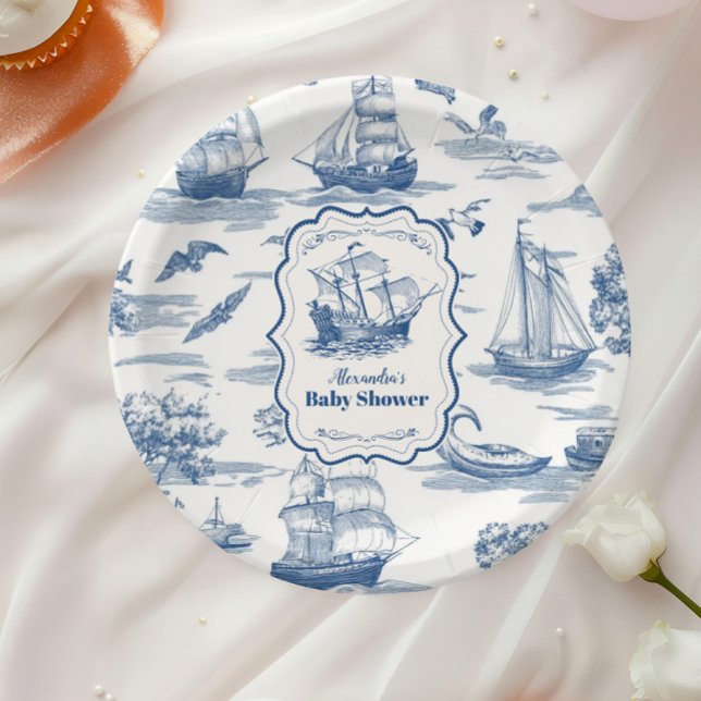 Navy Blue  Toile Nautical Baby Shower Paper Plates (Creator Uploaded)