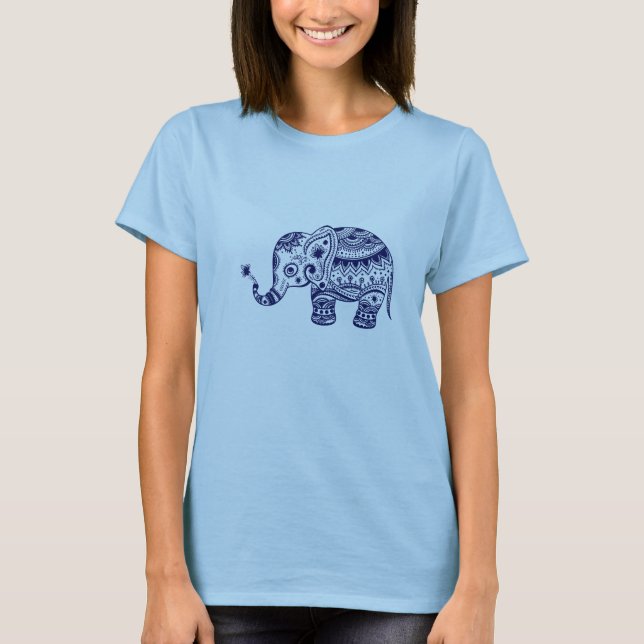Navy Blue Tones Cute Flower Elephant T-Shirt (Front)