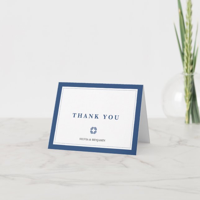 Navy blue traditional border simply thank you note (Front)