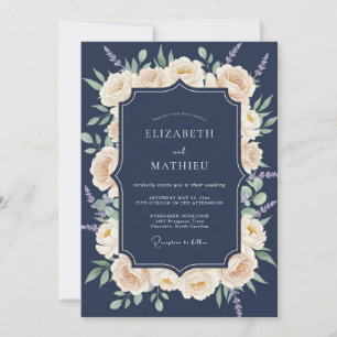 Navy Blue Traditional Botanical Wedding Invitation