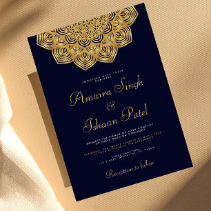 Navy Blue Traditional Gold Mandala Indian Wedding Invitation