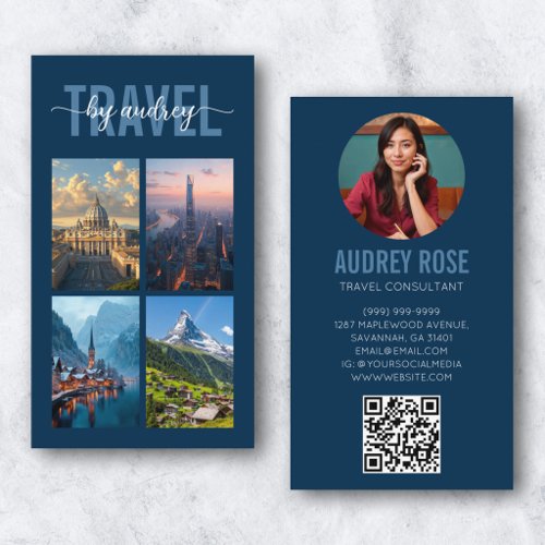 Navy Blue Travel Agent Consultant Photo Qr Code Business Card