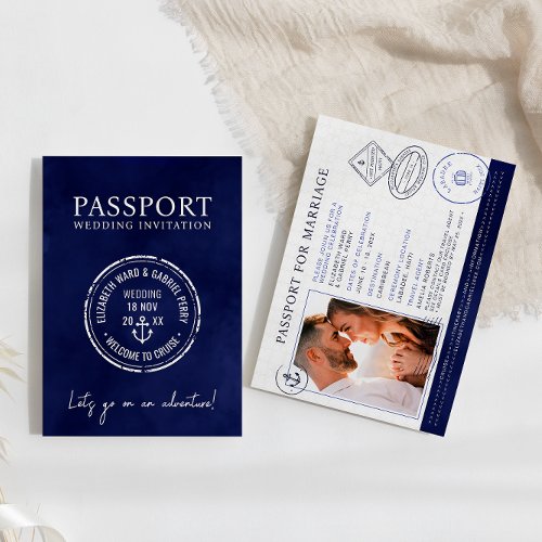 Navy Blue Travel Passport Destination Wedding  Invitation