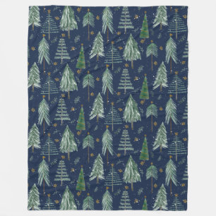Navy Blue Tree Forest Watercolor Stars Foliage Fleece Blanket