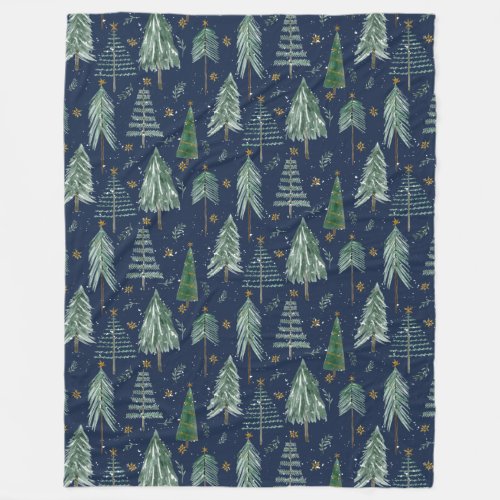 Navy Blue Tree Forest Watercolor Stars Foliage Fleece Blanket
