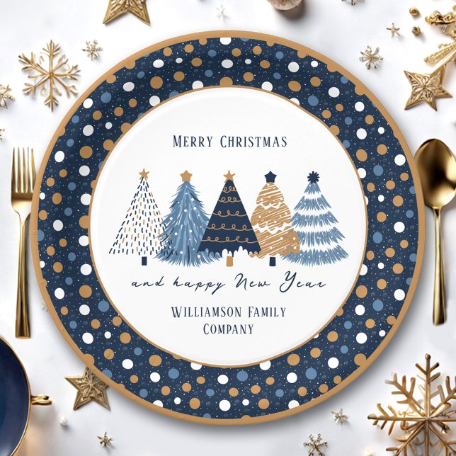 Navy Blue Trees Dots Modern Christmas Holiday Paper Plates (Navy Blue Trees Dots Modern Christmas Holiday Paper Plates)
