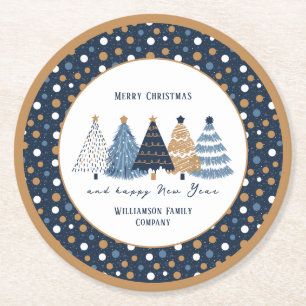 Navy Blue Trees Dots Modern Christmas Holiday Round Paper Coaster