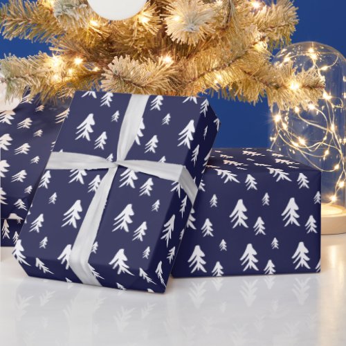 Navy blue trees  illustration christmas pattern wrapping paper