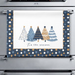 Navy Blue Trees Modern Dots Christmas Name Kitchen Towel<br><div class="desc">Christmas kitchen towel with modern simple blue Christmas trees and edges with dotted pattern in the same colors. Easily personalize the text - Kate Eden Art</div>