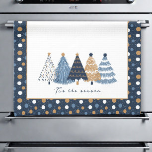 Navy Blue Trees Modern Dots Christmas Name Kitchen Towel