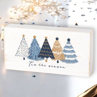 Navy Blue Trees Modern Simple Christmas Holiday Wooden Box Sign