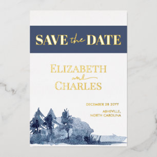 Navy Blue Trees Mountain Winter Save The Date Foil Invitation