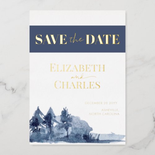 Navy Blue Trees Mountain Winter Save The Date Foil Invitation