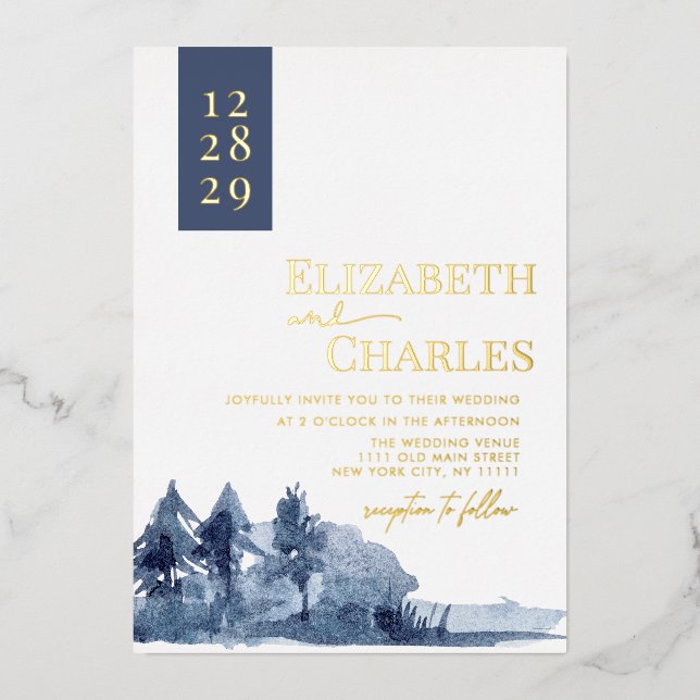 Navy Blue Trees Mountain Winter Wedding Foil Invitation (Front)