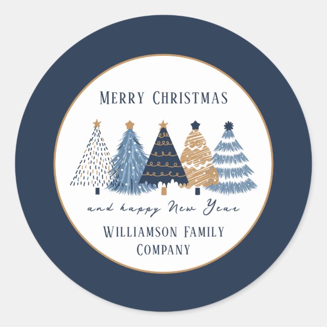 Navy Blue Trees Text Name Modern Christmas Holiday Classic Round Sticker (Front)
