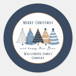 Navy Blue Trees Text Name Modern Christmas Holiday Classic Round Sticker
