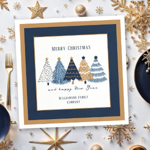 Navy Blue Trees Text Name Modern Christmas Holiday Napkins