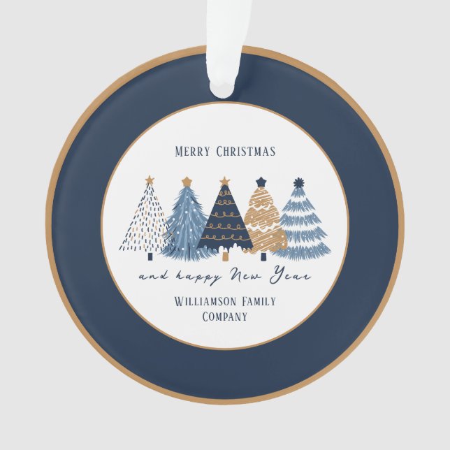 Navy Blue Trees Text Name Modern Christmas Holiday Ornament (Front)