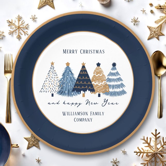 Navy Blue Trees Text Name Modern Christmas Holiday Paper Plates (Navy Blue Trees Taxt Modern Christmas Holiday Paper Plates)