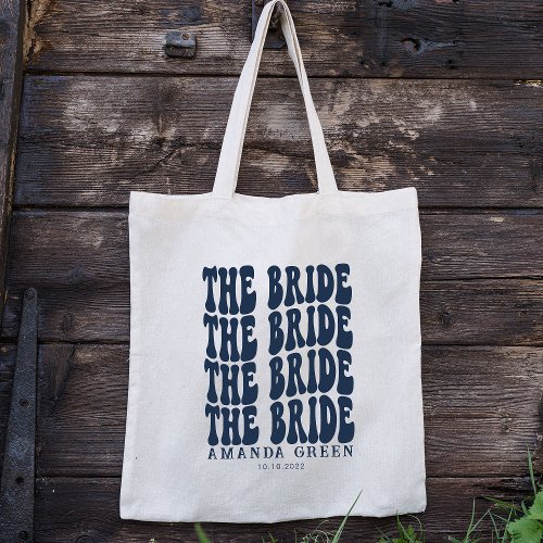Navy Blue Trendy Boho Retro Personalized Bride Tote Bag